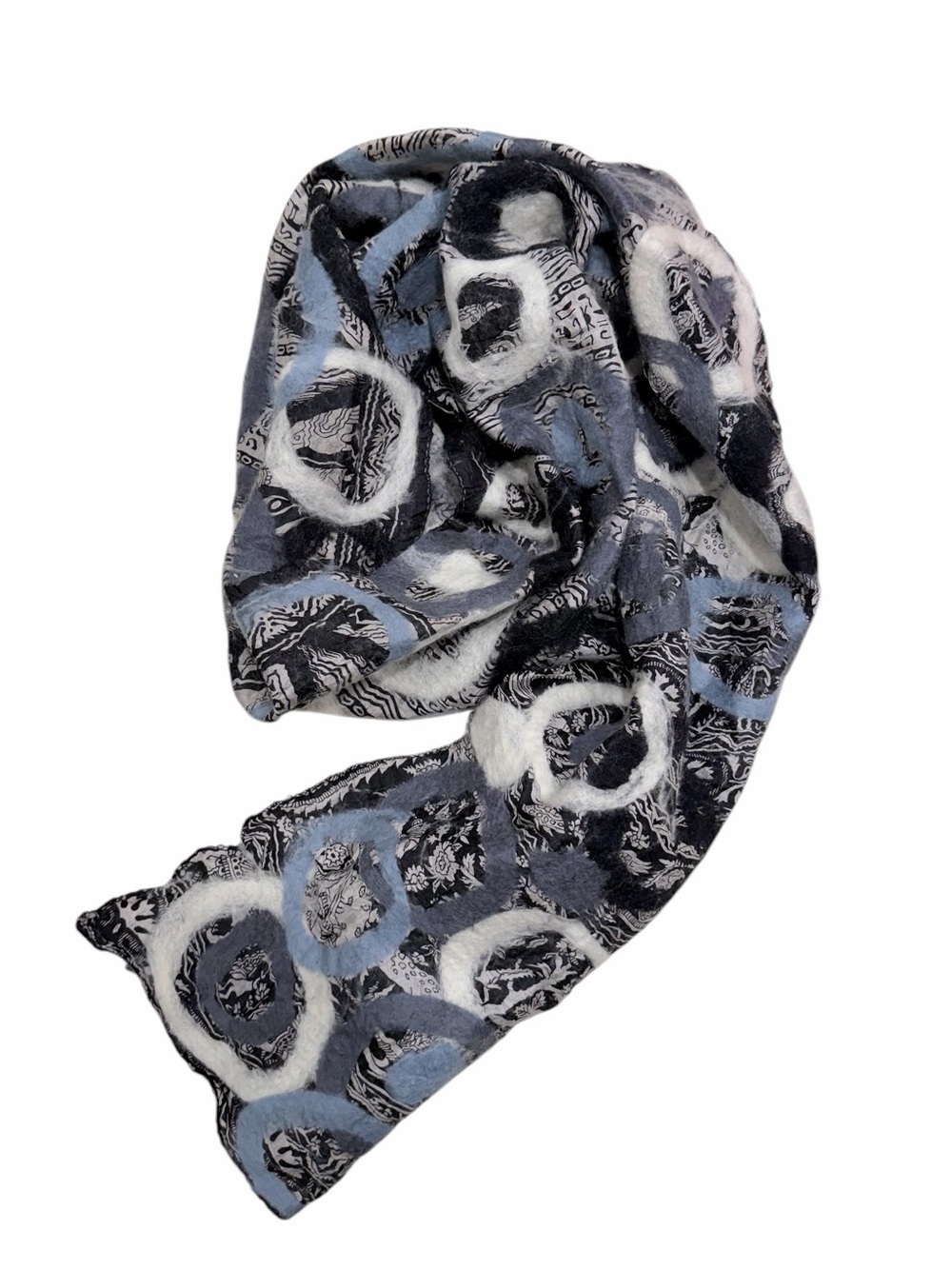 Wool Silk Nuno Scarf Blue Gray Ivory Abstract Circles Felted Handmade 12”x70”
